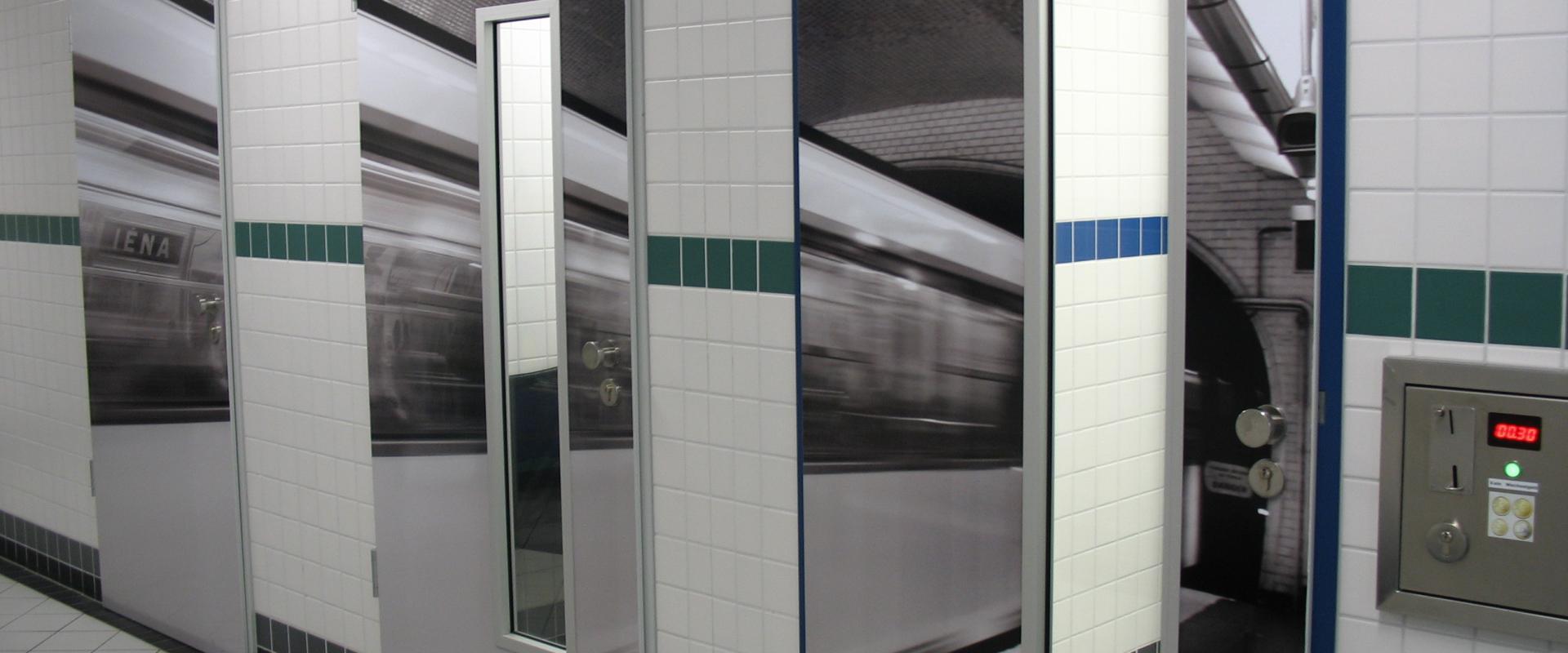 Interior view of the "subway-style" toilet at the market